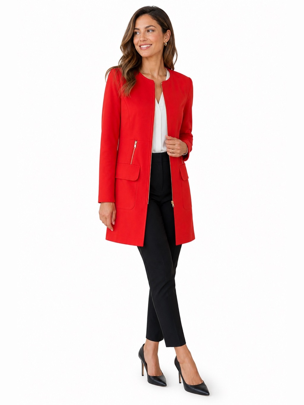 Laundry Shelli Segal Red Zip Blazer Sz 8 Longline Gold Hardware Workwear Chic